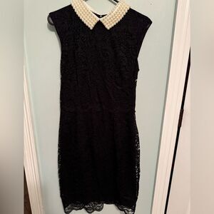 Betsey Johnson Black Lace Midi Dress with Pearl Collar SZ 6